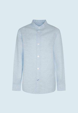 Jasnoniebieska koszula z długim rękawem, z kołnierzykiem mandaryńskim i białymi guzikami z przodu, o jednolitym wzorze, bez widocznych wzorów czy logo.