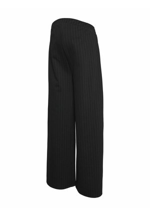 Zwarte wijde broek met witte streepjes, elastische tailleband en zachte stofstructuur. Heeft een ontspannen silhouet en een volle lengte.