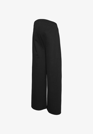 Zwarte wijde broek met witte streepjes, elastische tailleband en zachte stofstructuur. Heeft een ontspannen silhouet en een volle lengte.