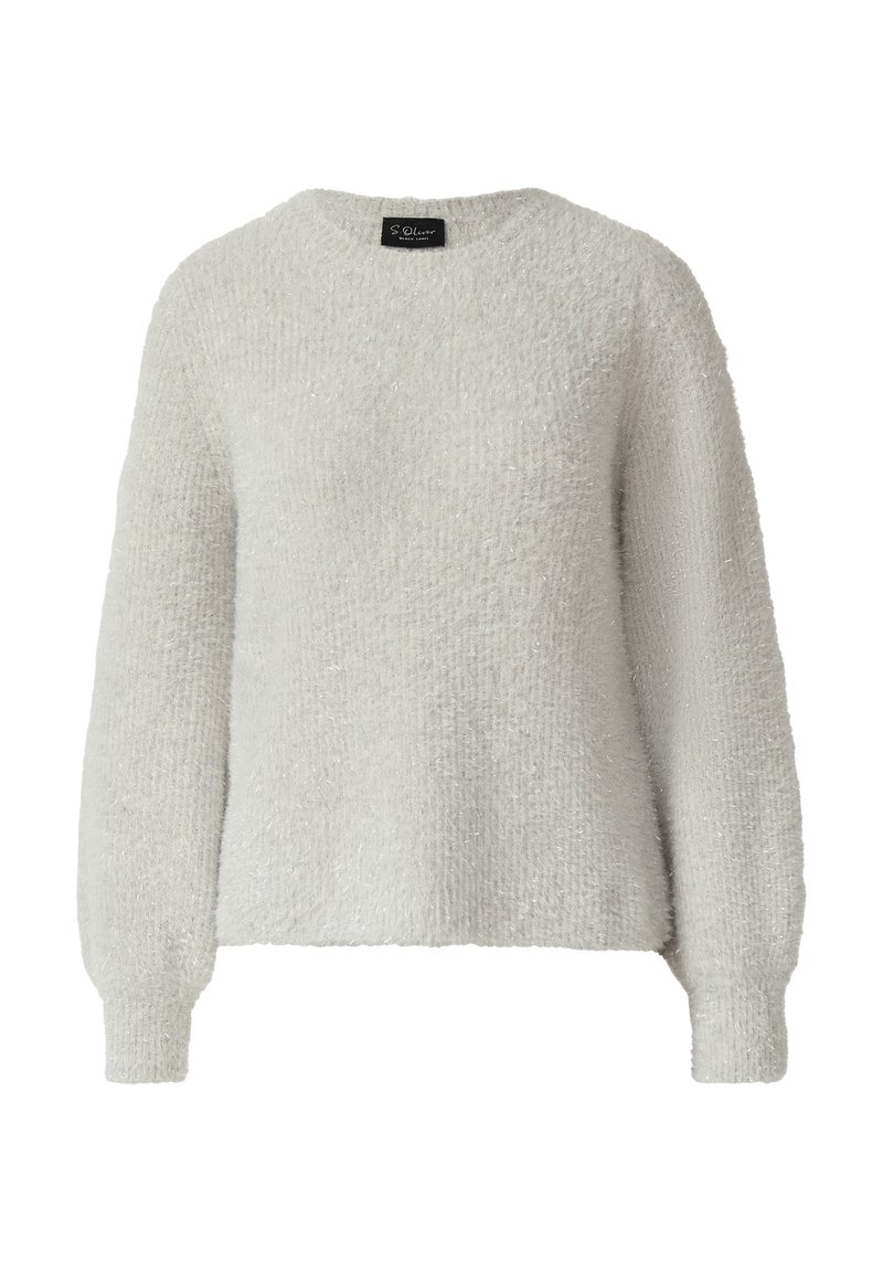 Hellgrauer Pullover aus strukturiertem, flauschigem Stoff. Verfügt über einen runden Halsausschnitt und lange Ärmel mit eng anliegenden Bündchen. Dezenter Glanz im Material.