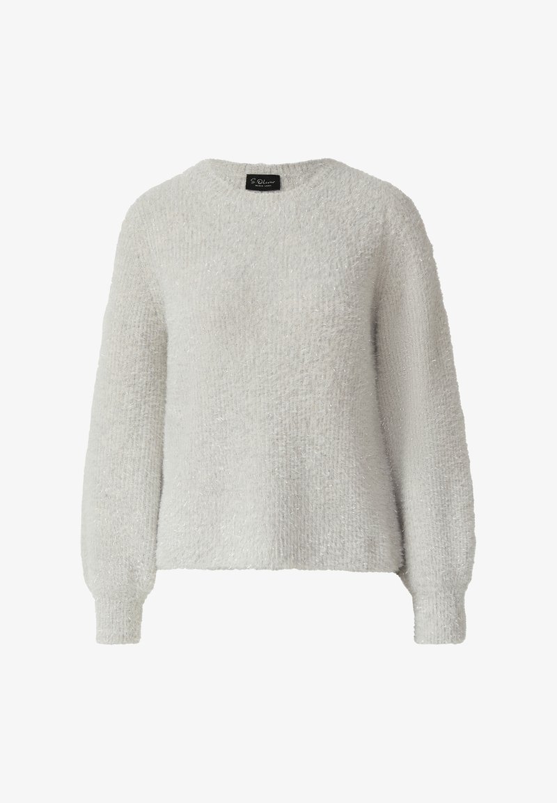 Hellgrauer Pullover aus strukturiertem, flauschigem Stoff. Verfügt über einen runden Halsausschnitt und lange Ärmel mit eng anliegenden Bündchen. Dezenter Glanz im Material.