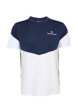 Marineblå og hvit farget blokkert t-skjorte med rund hals, korte ermer og en logo på brystet. Laget av et mykt, pustende stoff.