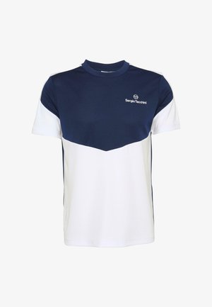 T-shirt a blocchi di colore navy e bianco con collo rotondo, maniche corte e logo sul petto. Realizzata in un tessuto morbido e traspirante.