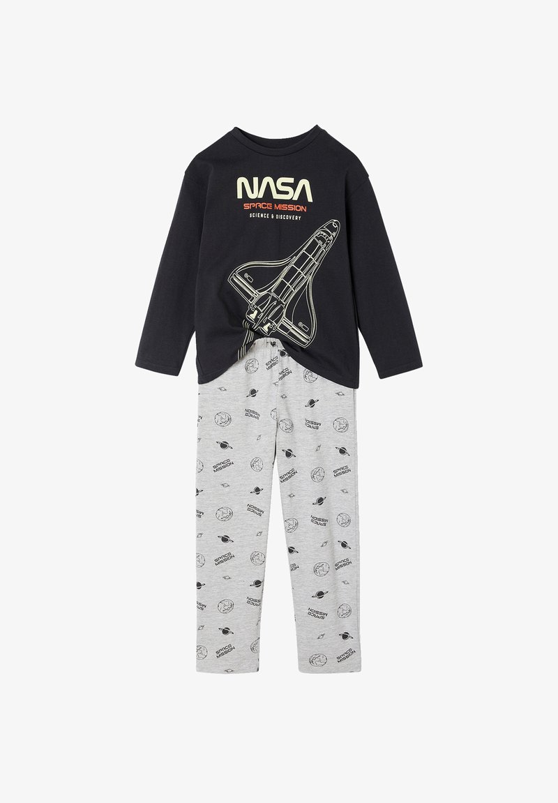 NASA-themed pajama set featuring a black long-sleeve top with a shuttle graphic and gray pants with space-themed prints.