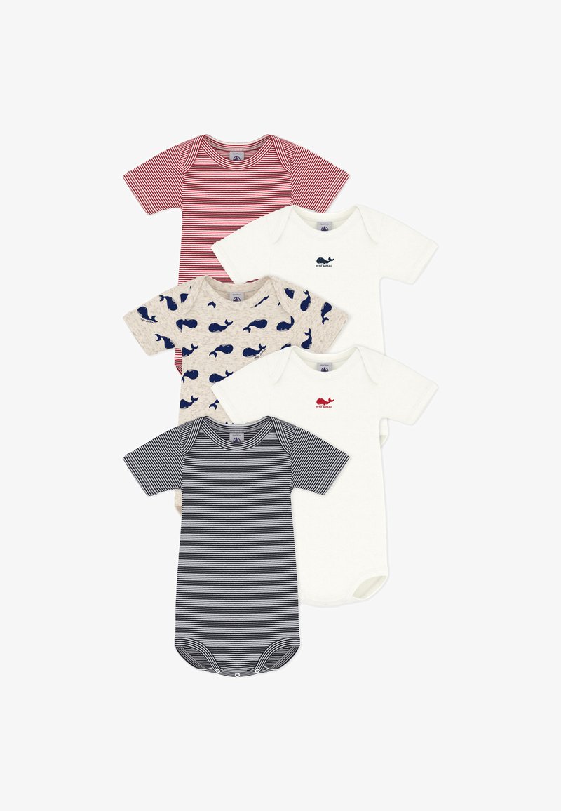 Πέντε κορμάκια με κοντά μανίκια: κόκκινες και λευκές ρίγες, κρεμ με εκτύπωση φάλαινας, μπεζ με μπλε φάλαινες, μονόχρωμο λευκό με κόκκινη φάλαινα, και ναυτικό ριγέ.