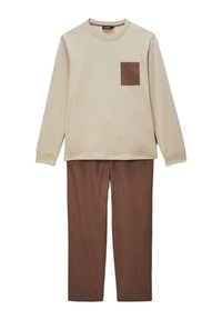 Haut beige à manches longues avec poche poitrine marron, associé à un pantalon marron à jambe droite, présenté sur fond blanc.