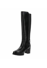 Stivale nero al ginocchio realizzato in pelle liscia con tacco a blocco. Presenta una zip laterale e un pannello elastico a contrasto per una vestibilità ottimale.