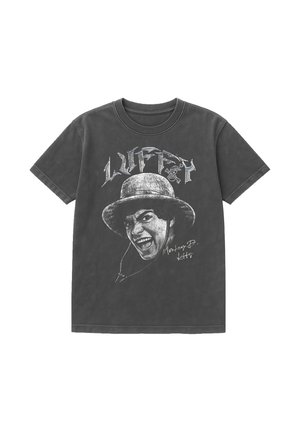 Black t-shirt with graphic of a smiling man wearing a bucket hat and the word "LUFFY" in stylized letters above the face.