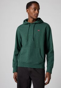 Groene hoodie gemaakt van een gestructureerde stof met een voorzak in kangoeroestijl. Voorzien van een trekkoordsluiting en een klein rood Levi's-logo op de borst.