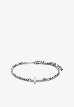 Sølvkjedearmbånd med et horisontalt kors i midten og en lås med krepsemotiv samt justerbare lenker.