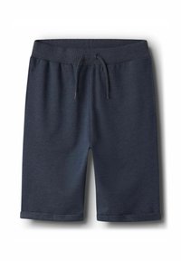 Marineblaue Freizeithose mit elastischem Bund, Kordelzug und umgeschlagenen Saumaufschlägen vor weißem Hintergrund.