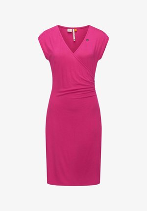 Fuchsie-pinker Wickelkleid mit kurzen Ärmeln, das über eine geraffte Detail am Bund und einen V-Ausschnitt verfügt. Weicher, dehnbarer Stoff.