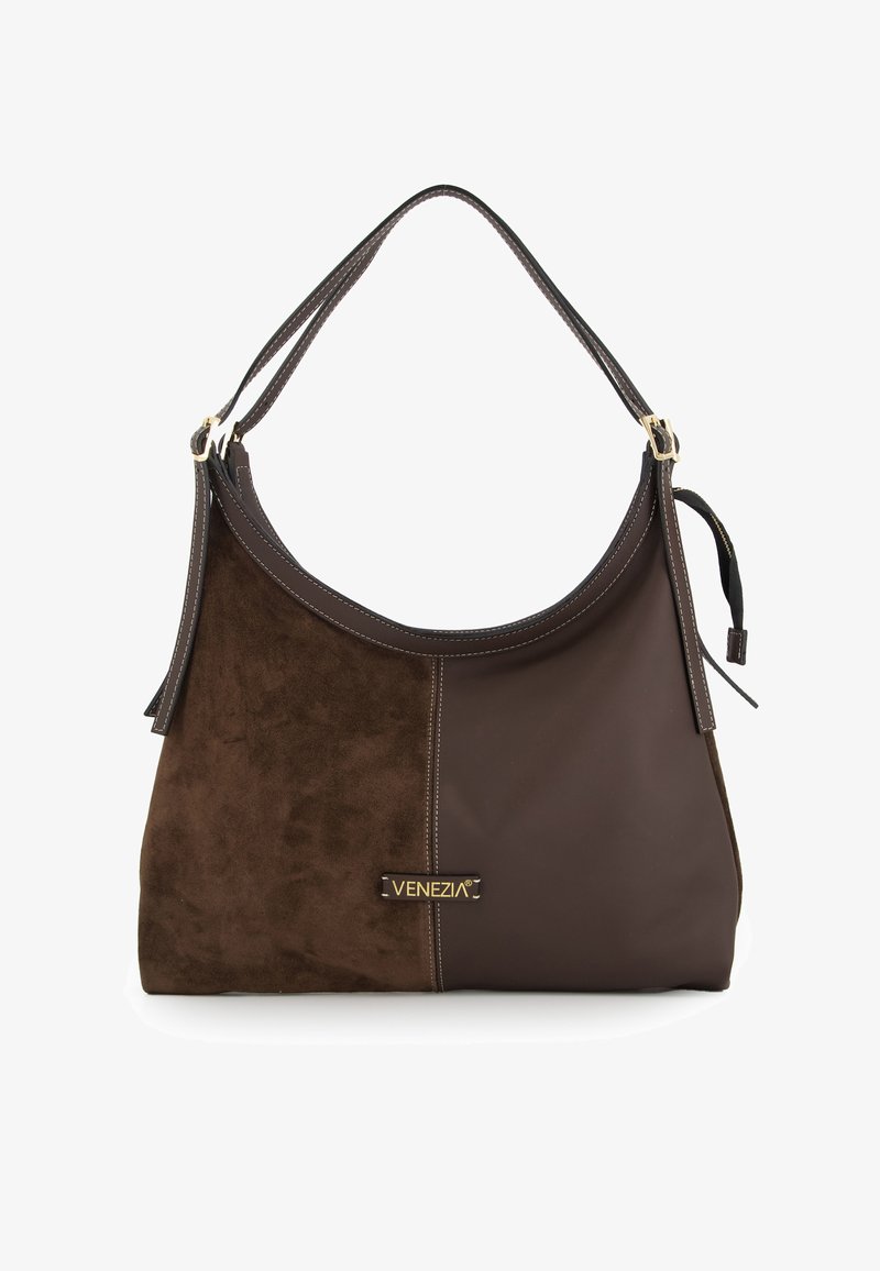 Brown handbag featuring a combination of smooth leather and suede textures, with a curved design, gold hardware, and contrast stitching.