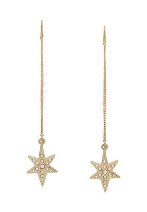 Orecchini in tono oro a forma di stella, con una goccia a catena, adornati con accenti circolari per dettagli e texture aggiunti.