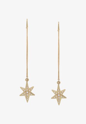 Boucles d'oreilles dorées en forme d'étoile, avec une chaîne pendante, ornées d'accents circulaires pour plus de détail et de texture.