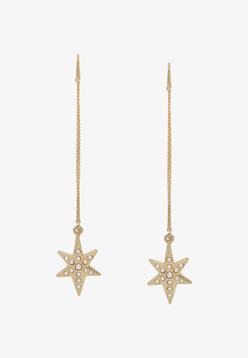 Boucles d'oreilles dorées en forme d'étoile, avec une chaîne pendante, ornées d'accents circulaires pour plus de détail et de texture.