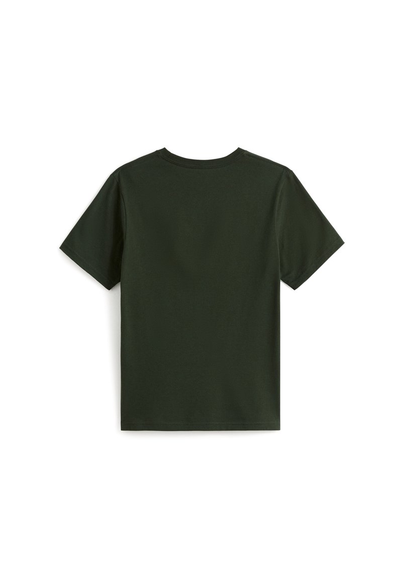Donkergroene katoenen t-shirt met korte mouwen, ronde hals en een plain achterkant zonder zichtbare patronen of hardware details.
