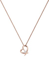 Rosen-guld hjerteformet vedhængs halskæde med en enkelt rund klar ædelsten, hængende fra en fin kæde. Glat, poleret overflade.