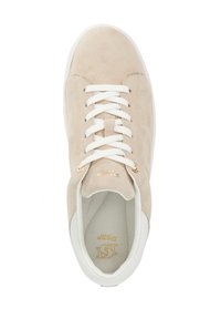Beige suede sneaker with white laces, featuring gold accents and a soft inner lining. Rounded toe and minimalistic design.
