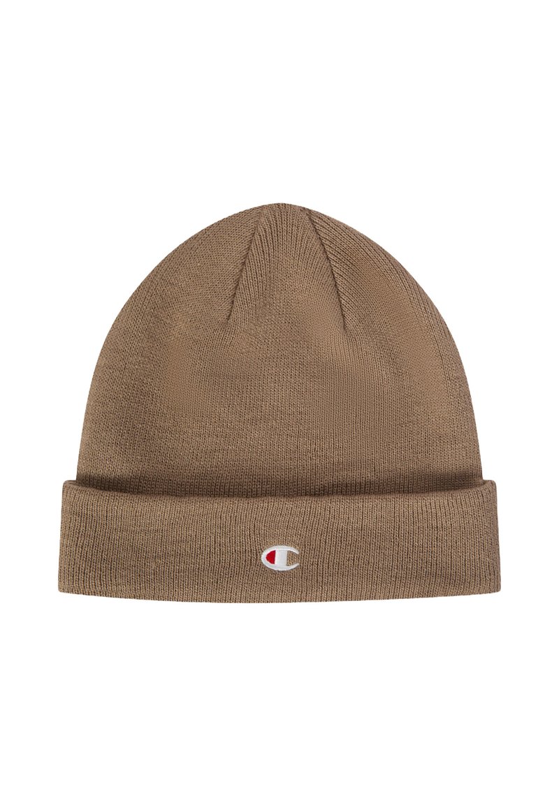 Gorro de punto marrón con ala doblada que presenta un pequeño logotipo bordado en blanco, rojo y beige en el centro delantero.