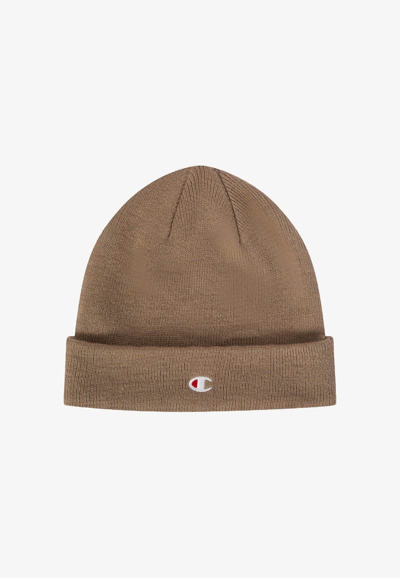Gorro de punto marrón con ala doblada que presenta un pequeño logotipo bordado en blanco, rojo y beige en el centro delantero.