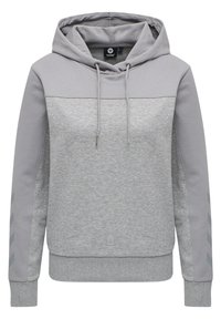 Felpa con cappuccio grigia chiara, con un pannello superiore grigio scuro, cordini, polsini a coste e dettagli a motivo chevron sulle maniche.