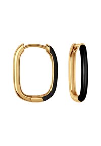 Złote kolczyki w formie kółek o eleganckim designie, z czarnym akcentem. Kształt jest połączeniem kwadratu i owalu, z gładkimi, wypolerowanymi powierzchniami.