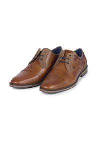 Scarpe in pelle marrone con una finitura liscia, punta tonda e lacci. Presentano un pannello testurizzato a contrasto sulla tomaia e una fodera blu.