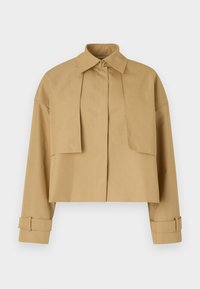 Veste kaki raccourcie en tissu lisse, dotée d'un col pointu, d'une fermeture à boutons sur le devant et de manches à retrousser avec des sangles ajustables.