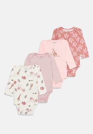 Four long-sleeve baby bodysuits in pastel colors: one with animal and floral prints, one striped, and two solid with leaf patterns.