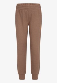 Rudos sportinės kelnės su elastingu juosmeniu, siaurėjančiais kulkšnies galais ir auksiniu logotipo akcentu kairėje kojoje. Pagamintos iš minkštos, lygios medžiagos.