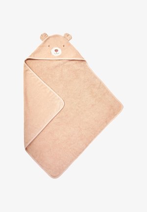Lichtbruine babyhooded handdoek met berengezicht en oren op de kap, zachte stof, gevouwen hoek die beide zijden toont.
