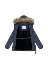 Tumedat parka jakk faux fliisi kapuutsiga, millel on must fliisist vooder ja lukuga taskud. Laitmatu lõige koos ribidega mansettide ja lõdvema sobivusega.