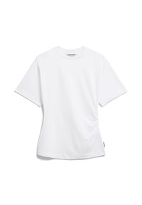 Weißes Baumwoll-T-Shirt mit Rundhalsausschnitt, kurzen Ärmeln und einer gerafften Seitennaht für eine figurbetonte Passform. Minimalistisches Design.