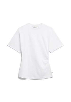 Witte katoenen t-shirt met een ronde halslijn, korte mouwen en een geplooid zijdetail voor een getailleerde look. Minimalistisch ontwerp.