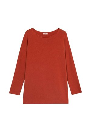 Maglione rosso lavorato a maglia con maniche lunghe, scollo ampio e polsini a costine. Texture morbida con una vestibilità rilassata e design a tinta unita.