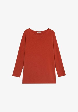 Maglione rosso lavorato a maglia con maniche lunghe, scollo ampio e polsini a costine. Texture morbida con una vestibilità rilassata e design a tinta unita.