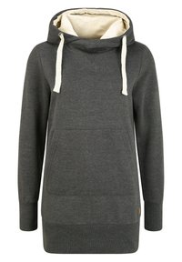Grå hoodie med en mjuk insida, justerbara krämfärgade dragsnören, en framficka och ribbade ärmslut. Har en subtil logotypdetalj.