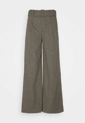 Spodnie o szerokich nogawkach z wysokim stanem i pętelkami na pasek, z małym wzorem w kratkę w odcieniach czerni i beżu.