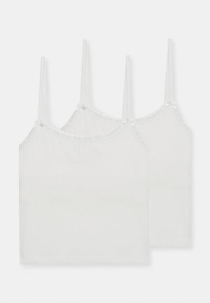 Débardeurs blancs avec des bretelles ajustables et une fine dentelle décorative le long de l'encolure. Tissu lisse avec un design léger.