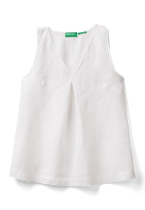 White sleeveless blouse made of linen, featuring a V-neck, gathered front pleats, and a rounded hem. Label visible at the neckline.
