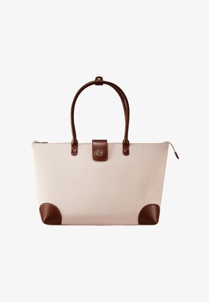 Torba za nošenje u svijetlo ružičastom sintetičkom materijalu s smeđim kožnim naglascima, sadrži dva držača, zatvaranje na patentni zatvarač i zaobljene kutove.