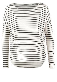 Langsleeve, lose top in crème met zwarte horizontale strepen. Heeft een ronde halslijn en een licht gebogen onderrand. Van katoen.