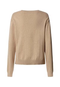 Pull beige à manches longues avec poignets, ourlet et encolure côtelés, vu de dos. Tissu en maille simple et lisse.