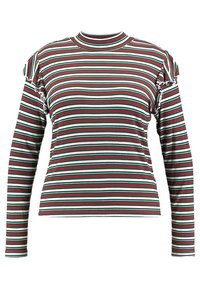 Langærmet, ribbet top med horisontale striber i mørkerød, grøn og hvid. Har skulderruffler og dekorativ syningsdetalje.