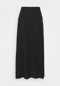 Zwarte maxi-rok met een elastische tailleband, een vloeiende silhouet, lichtgewicht stof en subtiele plooien langs de zijkanten voor extra textuur.