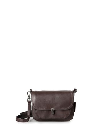 Dark brown leather crossbody bag with front flap and metal clasp, adjustable shoulder strap, and curved edges.