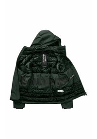 Ciemnozielona kurtka puchowa z kapturem, pikowaną podszewką i dużym czarnym logo wewnątrz. Zamek błyskawiczny oraz kieszenie po bokach.