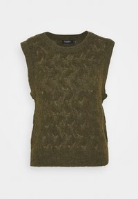 Ärmelloses Stricktop in dunkelolivgrün mit strukturiertem Muster und geripptem Ausschnitt. Verfügt über Durchbrüche im gesamten Stoff.