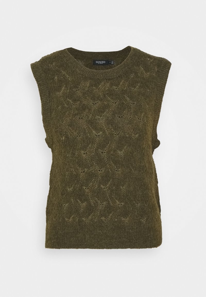 Ärmelloses Stricktop in dunkelolivgrün mit strukturiertem Muster und geripptem Ausschnitt. Verfügt über Durchbrüche im gesamten Stoff.